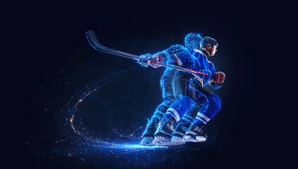 Ice hockey player skating with digital motion trail on dark background. Concept of speed control, sports analytics, professional hockey performance, technology driven coaching and modern sports media.