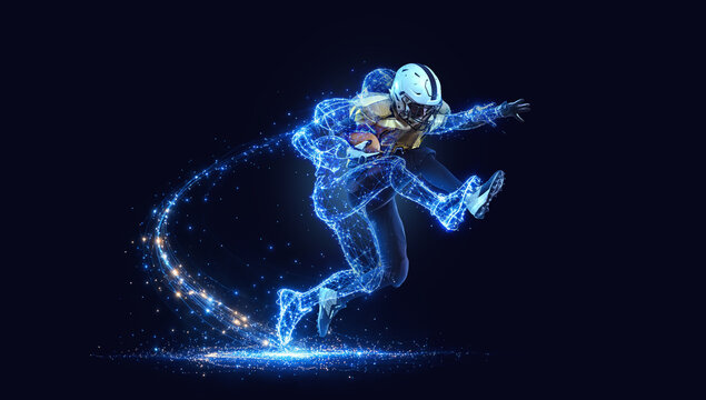 American football sport. Futuristic digital anatomy of female runner athlete with synthetic muscle fibers and glowing neural network for bio-hacking and cyber security concept