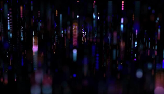 Vertical streams of glowing particles moving both upward and downward on dark background. Light dots form flowing lines with depth and smooth motion in opposite directions. Abstract loop 4K animation