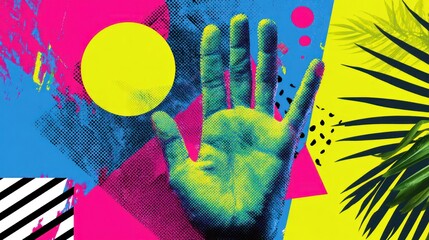 Vibrant pop art composition featuring a hand, geometric shapes, and palm leaves