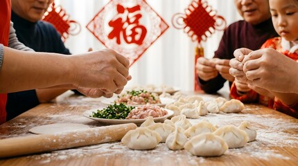 Family members prepare dumplings together at a table during a festive gathering in a home setting before a holiday celebration Generative AI
