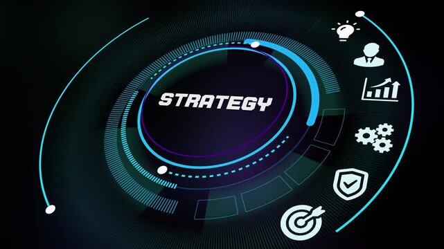 Visionary leader developing corporate strategy with interactive map and futuristic planning icons on a high-tech digital surface.
