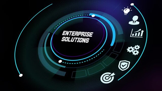 Professional developer implementing comprehensive enterprise solutions with integrated software modules and cloud computing icons for business.