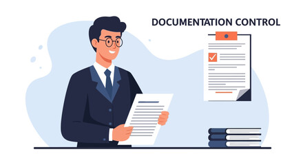 Businessman holding document with paperwork nearby.