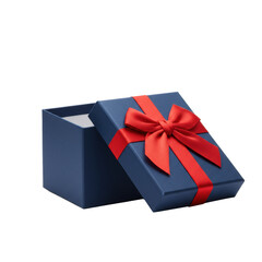 Elegant navy blue matte gift box with a vibrant red satin bow, lid subtly ajar, revealing transparent interior, isolated on a transparent background. Concept of luxury surprise