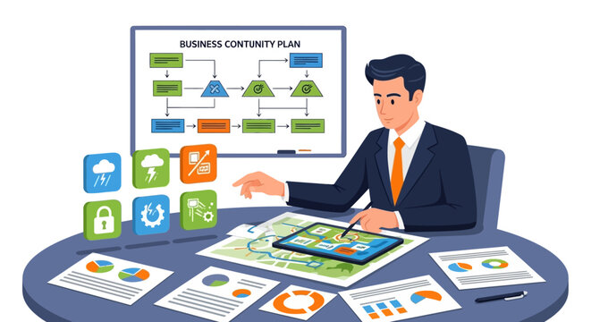 Businessman creating business continuity plan strategy.