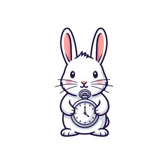 Obraz premium Cute white rabbit character holding a classic pocket watch illustration.