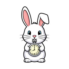 Fototapeta premium Cute cartoon white rabbit holding a vintage pocket watch.