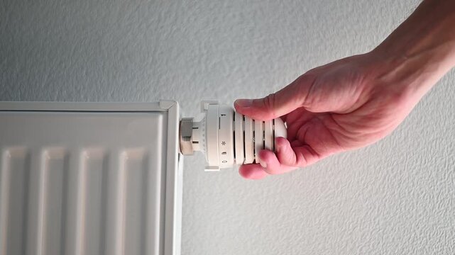 A person is seen turning the valve on a radiator. This task shows how to manage home heating efficiently. The action takes place in a living room setting
