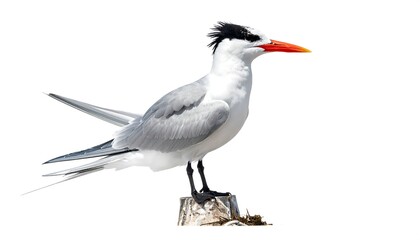 Obraz premium Elegant Caspian Tern Perched on Weathered Wood Against White Backdrop.