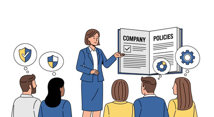 Businesswoman presenting company policies to colleagues.