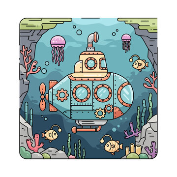 Colorful cartoon submarine with steampunk design elements.