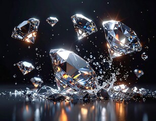 Sparkling diamonds scattered on a dark reflective surface