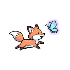 Obraz premium Cute cartoon fox happily chasing a beautiful blue butterfly.