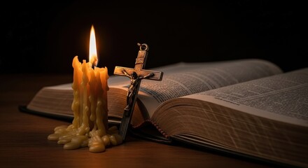 Spiritual Devotion Warm Candlelight Illuminating a Cross and Open Holy Book good night love
