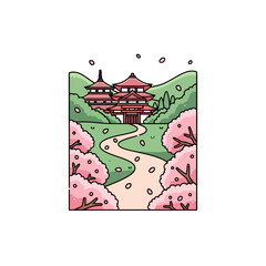 Fototapeta premium Vibrant illustration of a traditional Japanese temple during cherry blossom season.