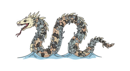 Obraz premium Fantastical sea serpent monster composed of many different cats illustration.