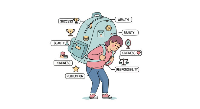 Woman struggling under the heavy weight of lifes expectations and pressures.