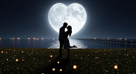Romantic Silhouette Couple Kissing Under Heart Shaped Full Moon at Night with Dreamy Glowing Lights good night love