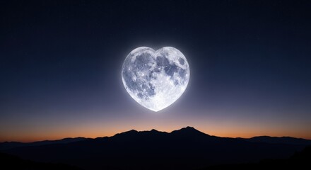 Heart Shaped Moon Glowing Brightly Over Mountain Silhouette at Twilight Symbolizing Love and Romance good night love