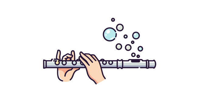 Illustration of hands playing a transverse flute with bubbles.