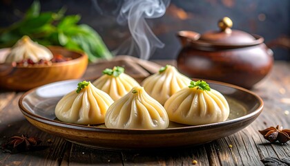 Steamed dumplings on a plate with herbs and spices