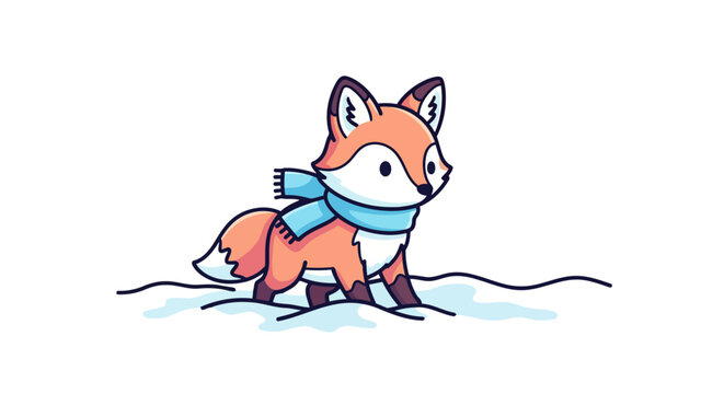 Cute cartoon fox wearing a blue scarf in winter snow.