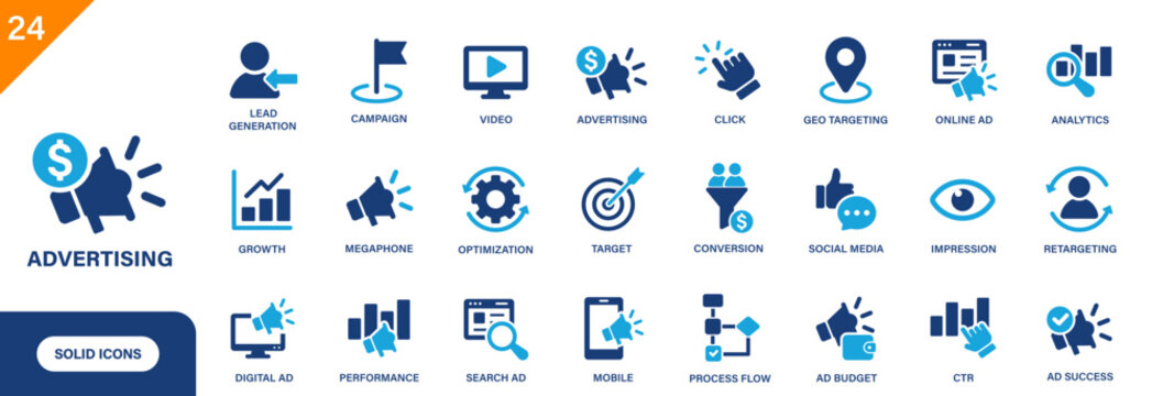 Advertising icon. Includes megaphone, lead generation, retargeting, impression, targeting. Solid vector icons collection.