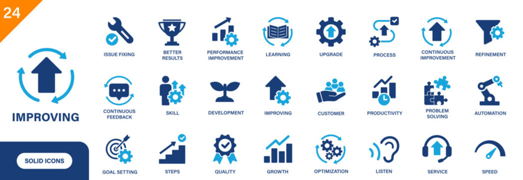 Improvement icon. Including upgrade, productivity, continuous improvement, skill, development. Solid vector icons collection.