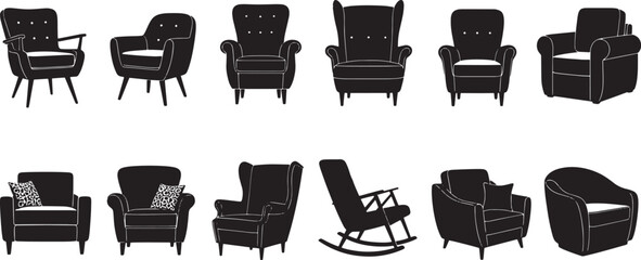 A comprehensive vector collection of diverse armchair silhouettes, showcasing various designs of comfortable seating furniture, perfect for interior design and home decor concepts