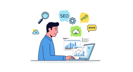 Man Working on Laptop with SEO Icons.