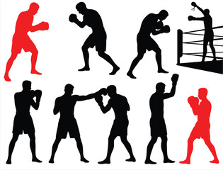 Boxing Fighter Silhouette, Punching and Training Poses Vector Set