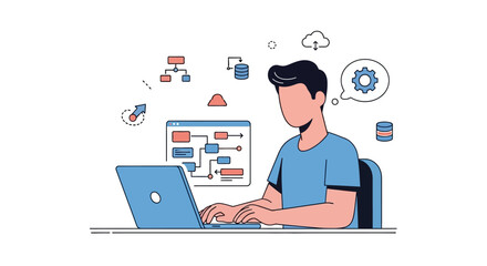 Man working on laptop with icons.