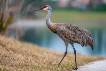 Fototapeta premium Sandhill Crane Grus canadensis strolling in Fort De Soto Park St Petersburg Florida USA