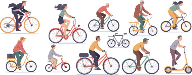 People riding bicycles and electric scooters in city lifestyle scenes, diverse commuters and families, healthy outdoor activity, eco friendly transportation concept