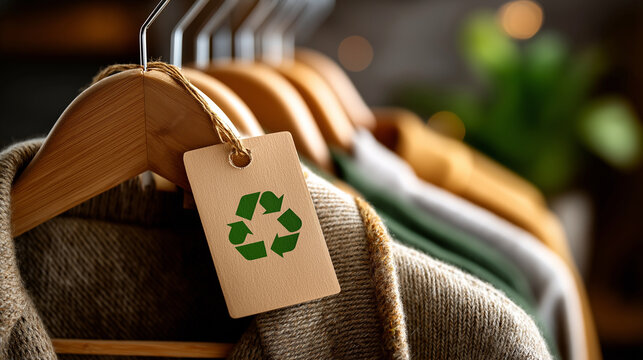 Close-up of clothing tag with recycle icon, recycling products concept, zero waste sustainable production, environment care reuse, eco-consciousness, , with copy space