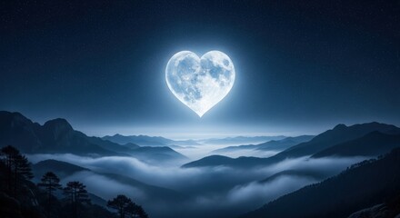 Heart Shaped Moon Illuminating Mystical Mountain Landscape at Night good night love