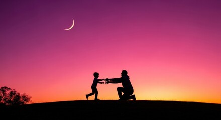 Joyful Parent and Child Connection Silhouettes Against a Vibrant Sunset Sky with Crescent Moon good night love
