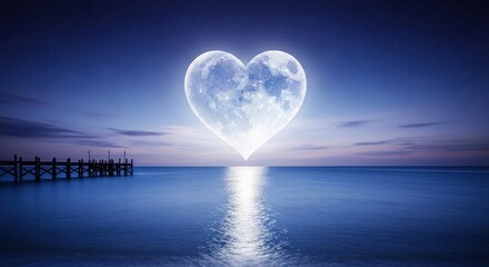 Romantic Heart Moon Reflecting on Tranquil Ocean Waters at Twilight Serene Seascape Love Concept good night love