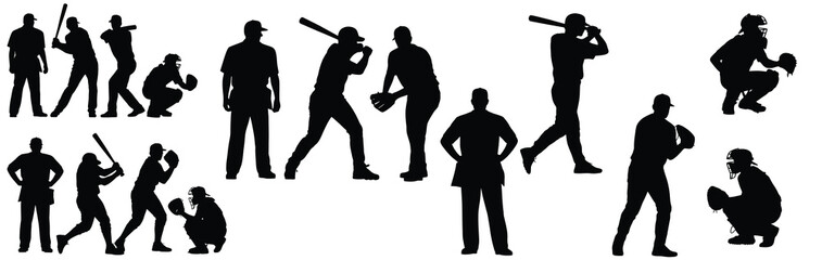 Baseball Player Silhouettes Set, Pitching, Batting, Running, and Catching Poses