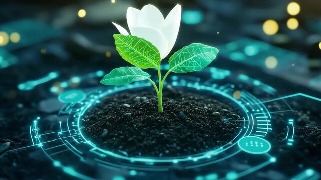 Plant is growing from soil while digital data about growth and health appears around it in a futuristic greenhouse setting