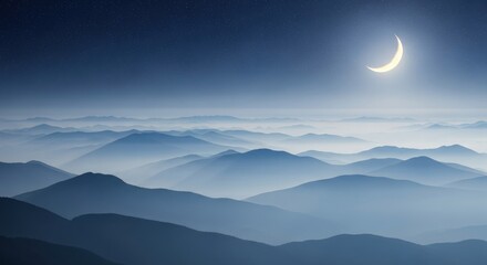 Crescent Moon Shining Over Serene Misty Mountain Peaks at Twilight good night love