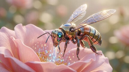 Close-up of a metallic steampunk bee with glowing eyes resting on a pink flower with digital particles.