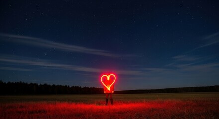 Romantic Red Light Heart Symbol Created by Person in Dark Field Under Starry Night Sky good night love