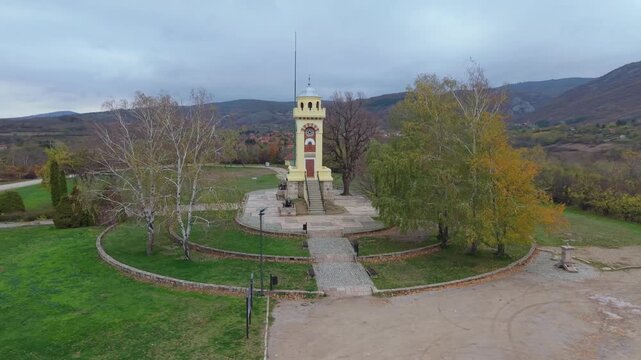 An orbiting drone shot around the Čegar Monument in Ni&scaron;, Serbia, highlighting the historic memorial, surrounding landscape, and its importance in Serbian national heritage.