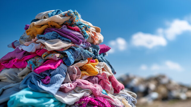 Large pile of discarded clothes in landfill under clear sky, overconsumption symbolism, fast fashion waste, environmental impact, textile industry pollution, , with copy space