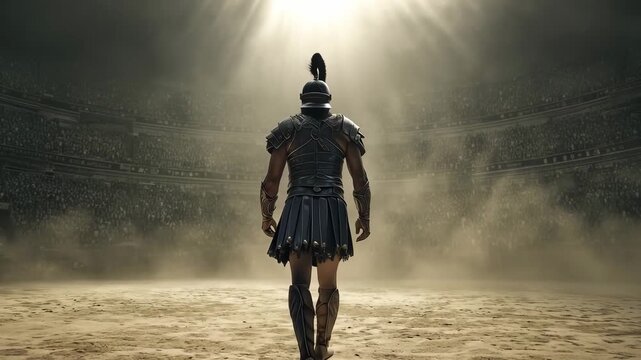 A gladiator enters an arena lit by bright lights as the crowd cheers in an ancient coliseum
