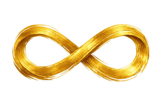 Golden infinity symbol creating endless loop with metallic paint brush stroke, everlasting and limitless concept on transparent background
