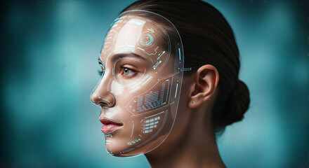 Woman with transparent HUD mask on face, digital interface overlay