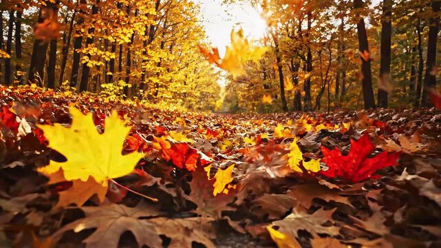 Autumn leaves falling in forest with sunlight filtering through trees seasonal change